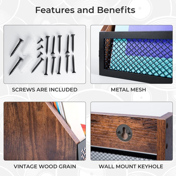 Hamilton Max record shelf features and benefits metal mesh , included screws, vintage wood grain, and wall mount keyhole